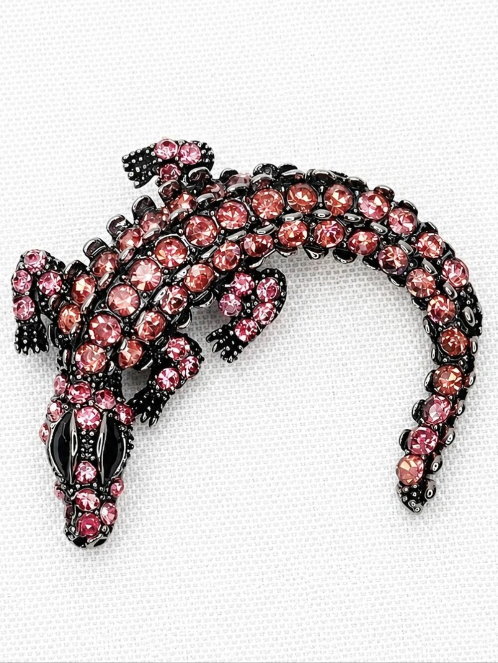 💎🦎Pink Rhinestone Alligator Crocodile Brooch/Necklace Black Tone Statement